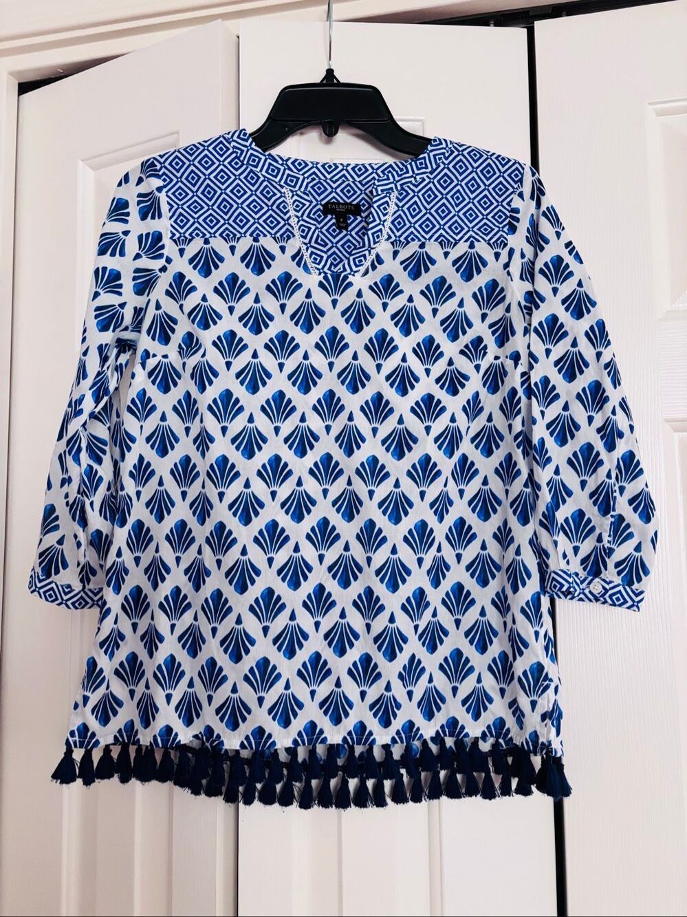 Talbots Fan Print Top with Tassels